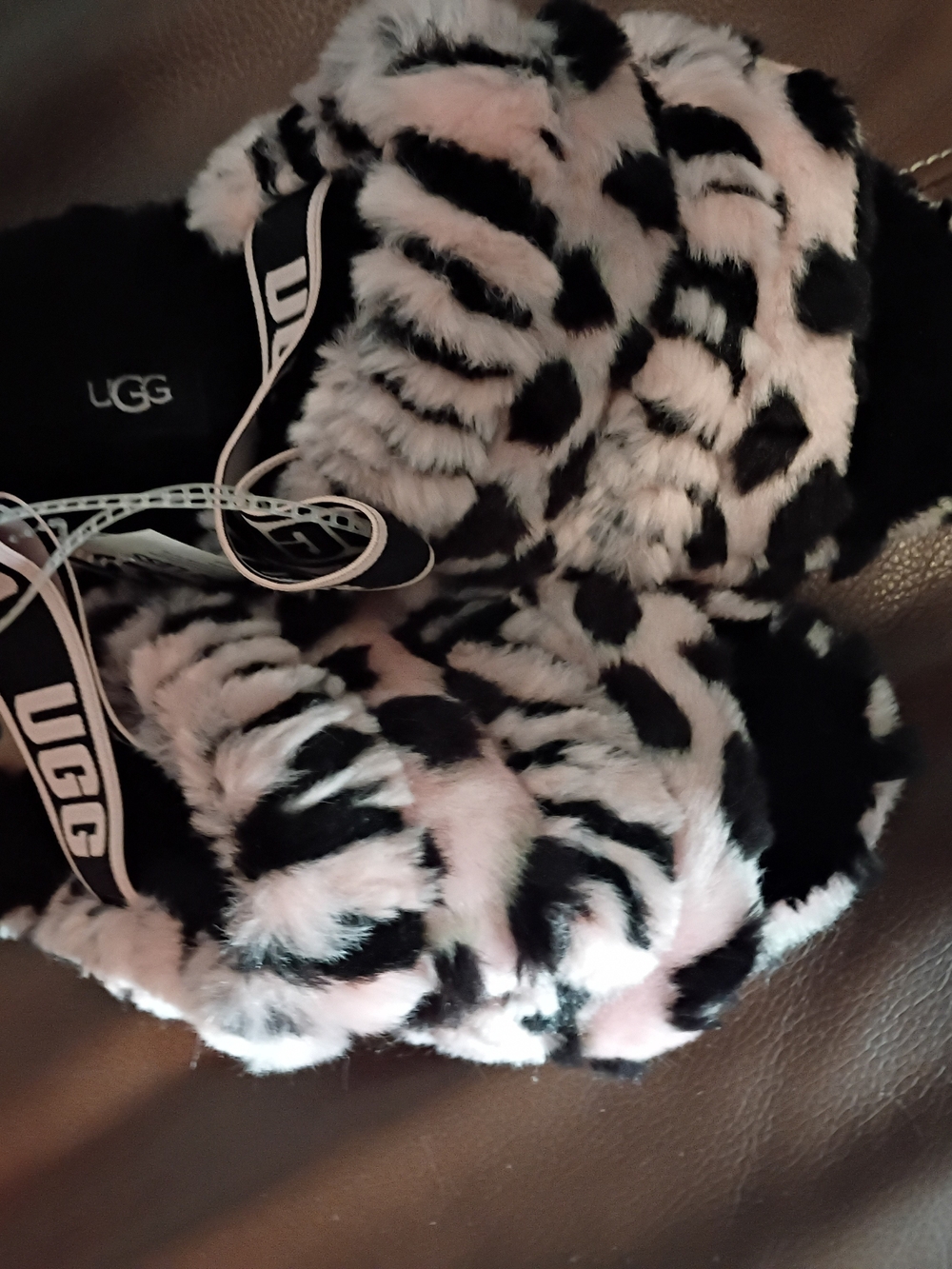 UGG Kids Pink and Black Faux-Fur Slide Sandals
